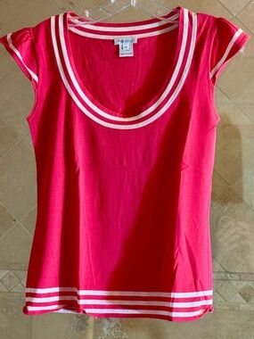 Women's Pink Scoop Neck Stripe-Trim Knit Top